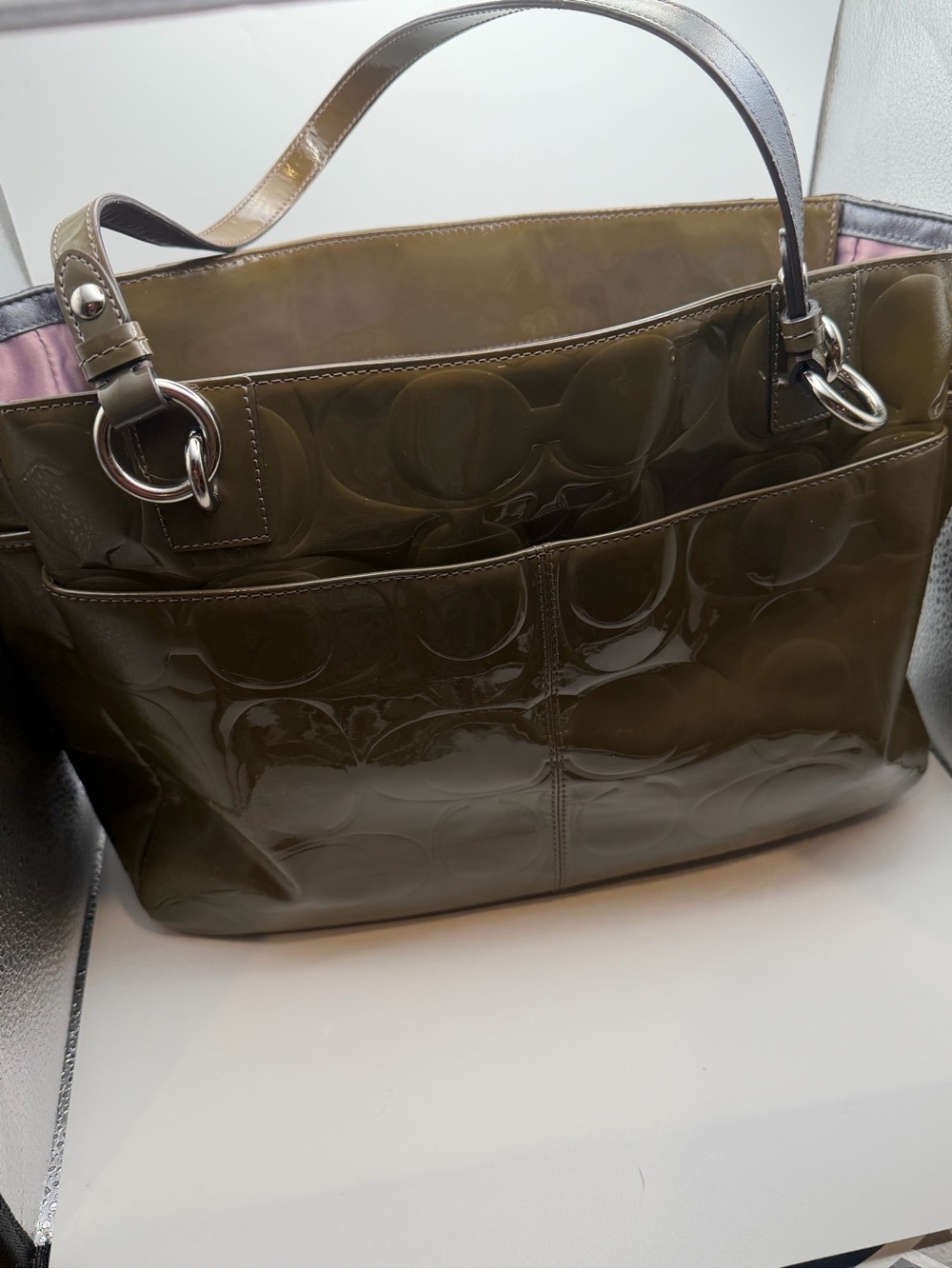 Coach Zoe Large Olive Green Patent Leather Signature Hobo Bag Tote F14709 - Picture 8 of 10